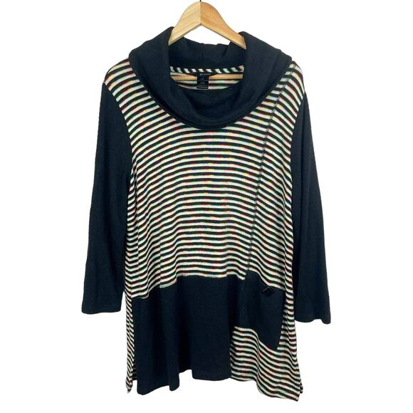 Ali Miles Tunic Sweater Size L Black Rainbow Multi Striped Cowl Neck Pullover - Picture 1 of 11
